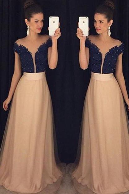 Modest Prom Dresses,sexy Prom Dress, Short Sleeve Lace Prom Dress With Beading Custom Made A-line Evening Gown