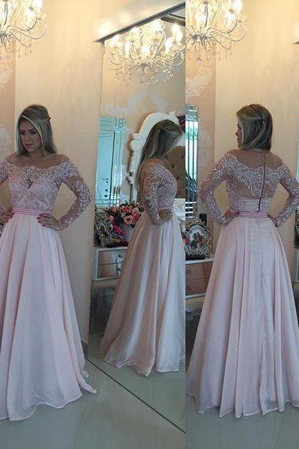 Prom Dresses,prom Dress,sparkly Pink Long Sleeve Evening Gown A-line Lace Chiffon Prom Dress