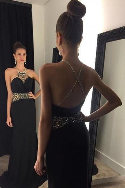 Modest Prom Dresses,sexy Prom Dress,crystal Black Halter Prom Dress Beading Crossed Back Sleeveless Party Gown