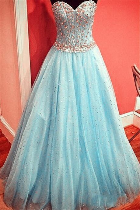 Prom Dresses,prom Dress,gorgeous Sparkly Baby Blue Prom Dress Sweetheart Evening Gowns With Crystals Belt