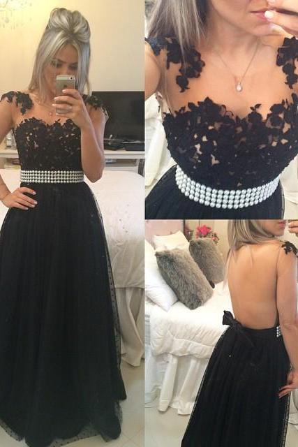 Modest Prom Dresses,sexy Prom Dress,black Prom Dresses Sleeveless Illusion Back Evening Gowns