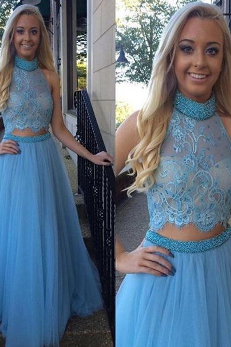 Prom Dresses,prom Dress,gorgeous High Collar Two Piece Prom Dress Beading Handmade Tulle Evening Gown
