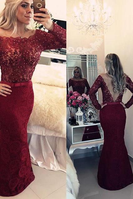 Prom Dresses,prom Dress,burgundy Long Sleeve Floor Length Prom Dress Mermaid Lace Beading Evening Gowns