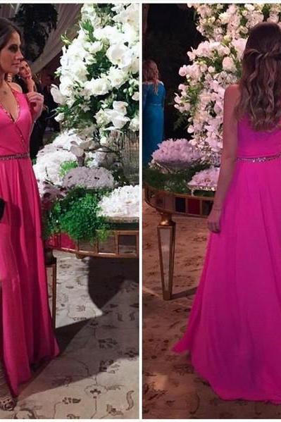 A-line Fuchsia V-neck Prom Dresses Beading Split Side Floor Length Party Gowns Evening Gowns,sexy Formal Dress For Teens