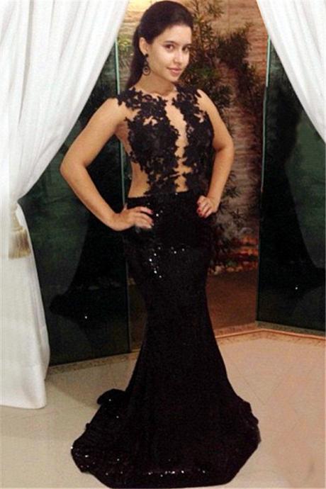 Modest Prom Dresses,sexy Prom Dress,black Sequin Formal Dresses Illusion Lace Tulle Mermaid Prom Dress