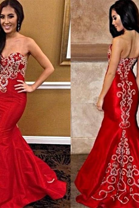 Red Prom Dresses,prom Dress,red Prom Gown,bright Red Sweetheart Prom Dresses Mermaid Strapless Popular Evening Dress