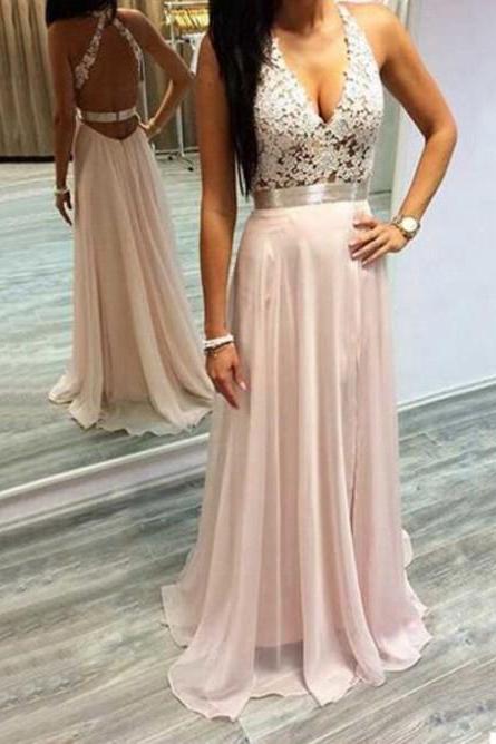 Modest Prom Dresses,sexy Prom Dress,chiffon V-neck Open Back Long Evening Gowns 2017 Lace Halter Prom Dresses