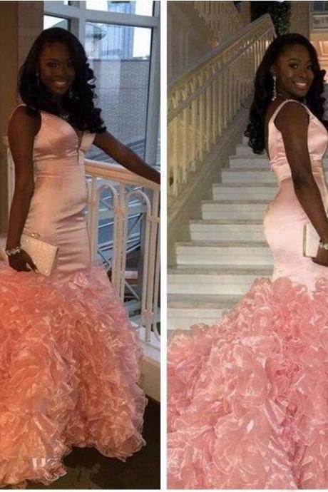 Prom Dresses,prom Dress,glamorous Pink Ruffles V-neck Sleeveless Mermaid Prom Dress