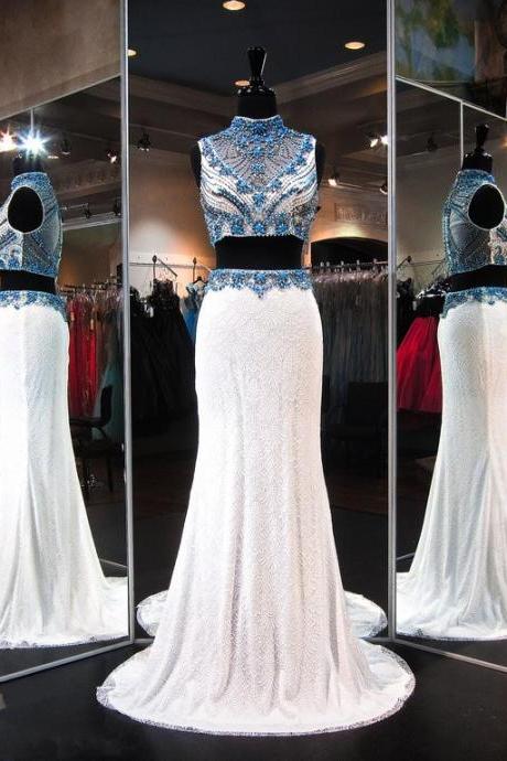 Prom Dresses,prom Dress,high-neck Gorgeous Lace Two-piece Zipper Sleeveless Crystals Evening Dress