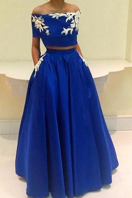 Sexy Prom Dresses,royal-blue A-line Two-pieces Appliques Off-the-shoulder Prom Dress