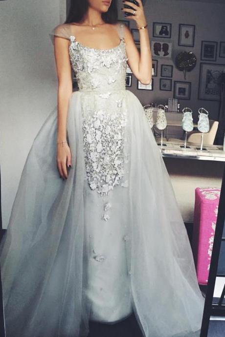 Sexy Prom Dresses,elegant A-line Scoop Tulle Cap-sleeves Appliques Prom Dress