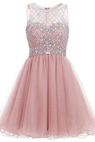 Pink Short A-Line Tulle Homecoming Dress Featuring Sweetheart Illusion Crystal Embellished Bodice