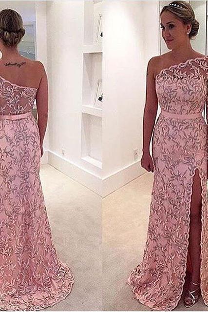 Sexy Prom Dresses,one Shoulder Long Sleeve Leaf Pattern Pink Long Prom Dress 2017