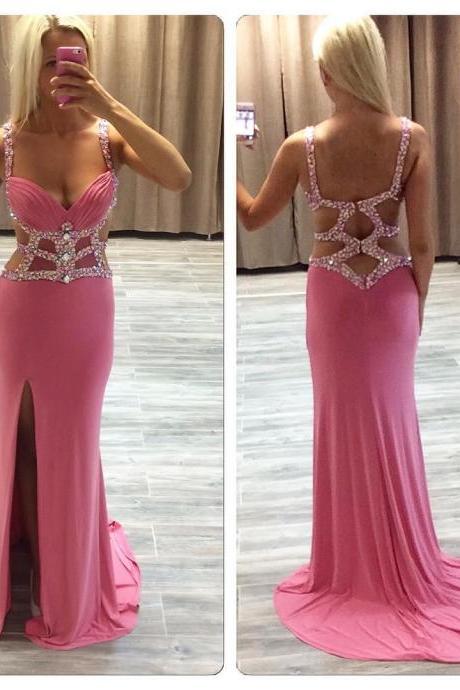 Prom Dresses,prom Dress,pink Side-slit Crystal Ruffles Glamorous Sheath Straps Prom Dress