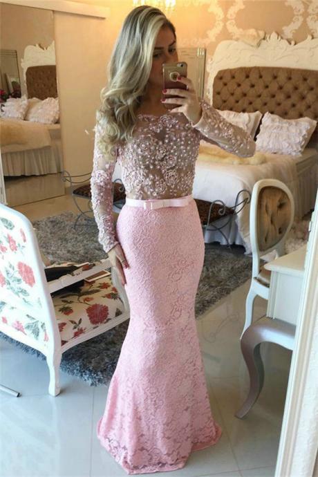 Prom Dresses,prom Dress,pink Lace Prom Dresses Long Sleeve Open Back Pearls Evening Gowns