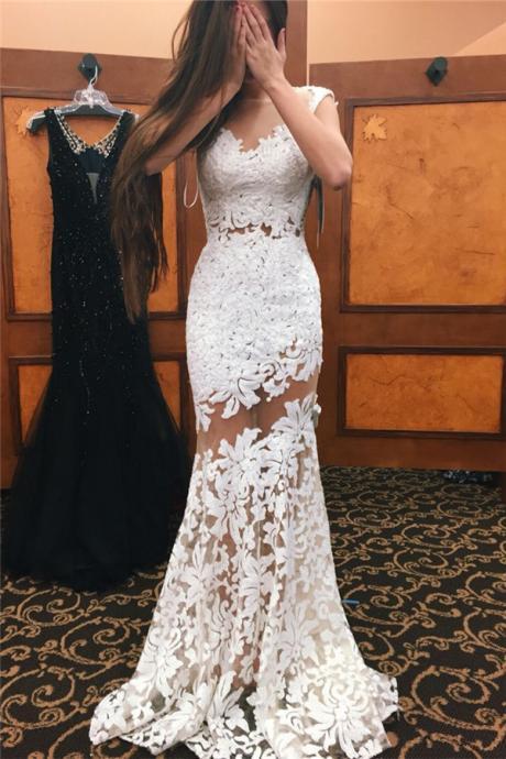 Prom Dresses,prom Dress,white Sleeveless Mermaid Lace Evening Dresses Long Illusion Sheer Tulle Prom Dress 2017