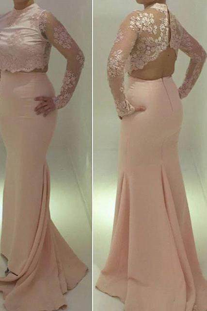 Prom Dresses,prom Dress,high Neck Two Piece Long Sleeves Mermaid Prom Gown With Cut Out Back