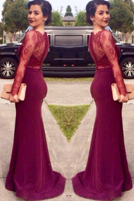 Burgundy Fitted Formal Evening Gown With Sheer Long Sleeves , Covered Button Back