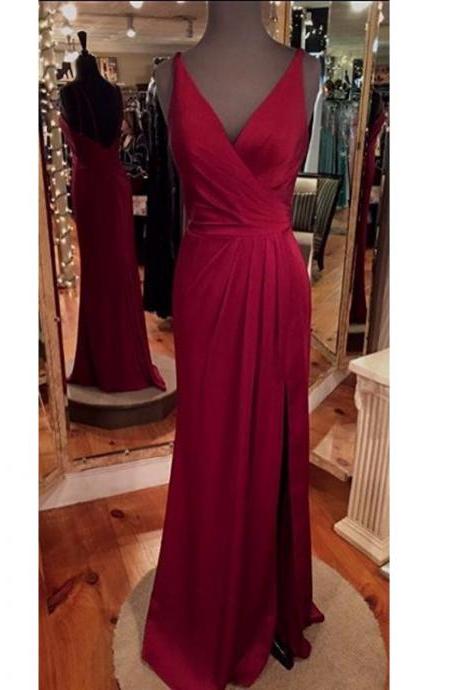 Gorgeous Wine Red V Neck Chiffon Open Back Prom Dress With Side Slit Burgundy Prom Dresses