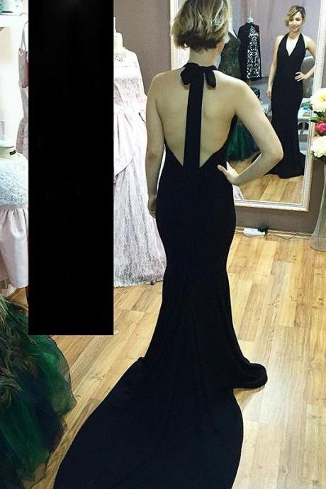 Black Prom Dresses,prom Dress,black Halter V Neck Backless Mermaid Evening Gown With Sweep Train