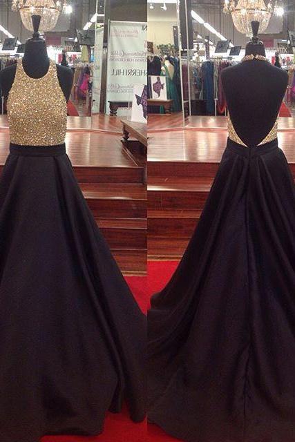 Black Prom Dresses,prom Dress,black Halter Satin A Line Open Back Prom Gown With Full Beaded Bodice