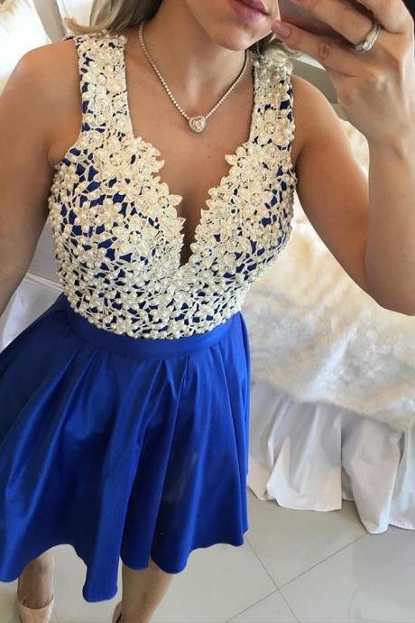 Homecoming Dress,short Homecoming Dresses,royal Blue V Neck Sheer Back Homecoming Dress,beautiful Prom Gown,cocktail Dress