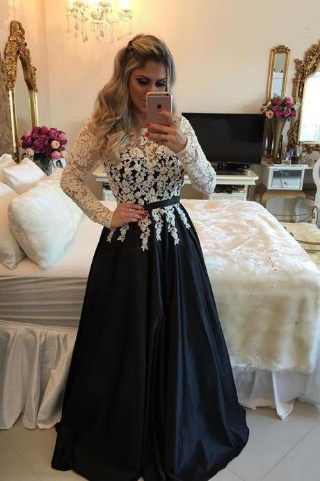 Black Prom Dresses,prom Dress,black Satin A Line Long Sleeve Prom Dress, Evening Gown With Lace Top