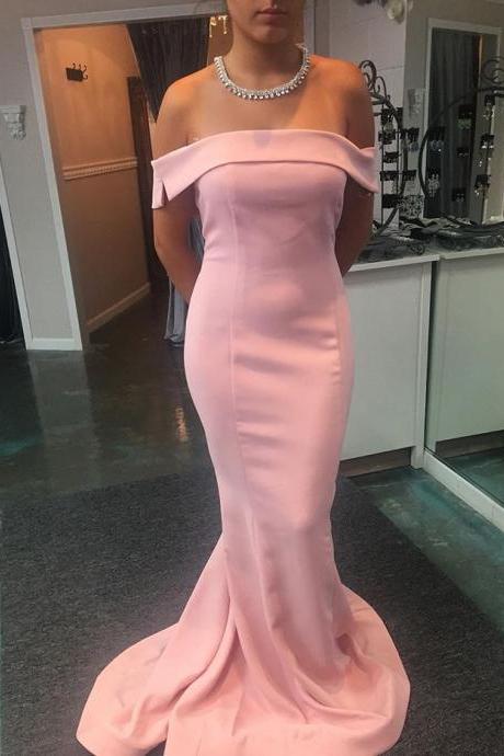 Sexy Prom Dress,formal Dress,pink Off The Shoulder Fitted Mermaid Prom Dress, Evening Gown With Sweep Train