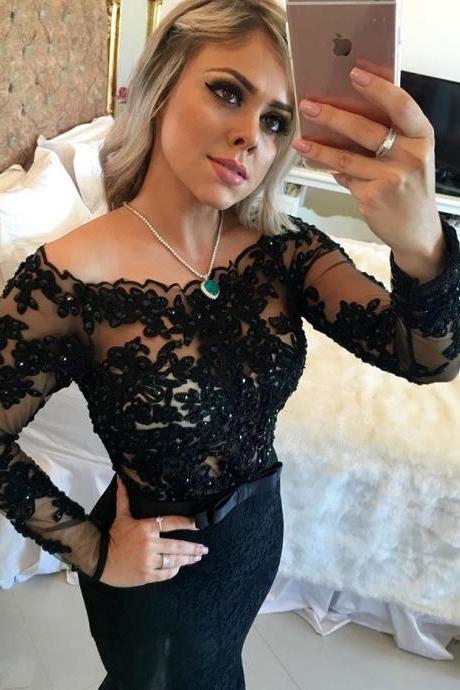 Black Prom Dresses,prom Dress,beaded Black Lace Off The Shoulder Backless Mermaid Formal Gown With Long Sleeve