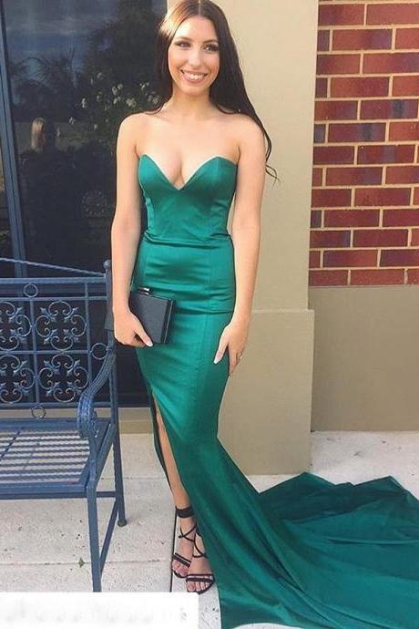 Sexy Evening Gowns Fitted Green Sweetheart Satin Side Slit Prom Dress, Formal Gown With Sweep Train