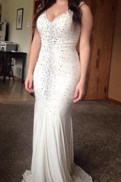 Sexy Evening Gowns White Beaded Sleeveless Mermaid Prom Dress, Formal Gown , Evening Dress