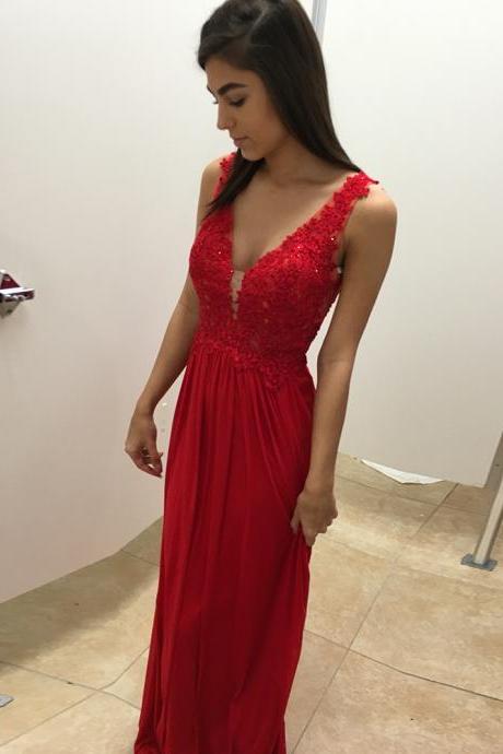 Red Plunging V Neck Backless Chiffon Prom Dress, Evening Gown With Lace Appliques