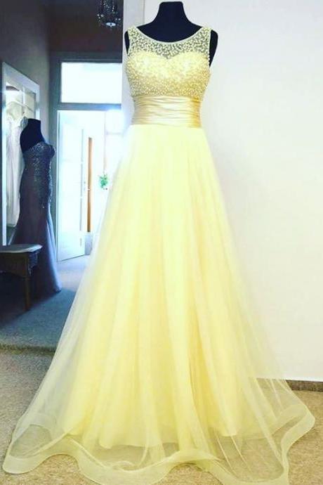 Evening Dress,prom Dress,prom Dresses,yellow Tulle Empire Long Prom Dress , Formal Gown With Beaded Bodice