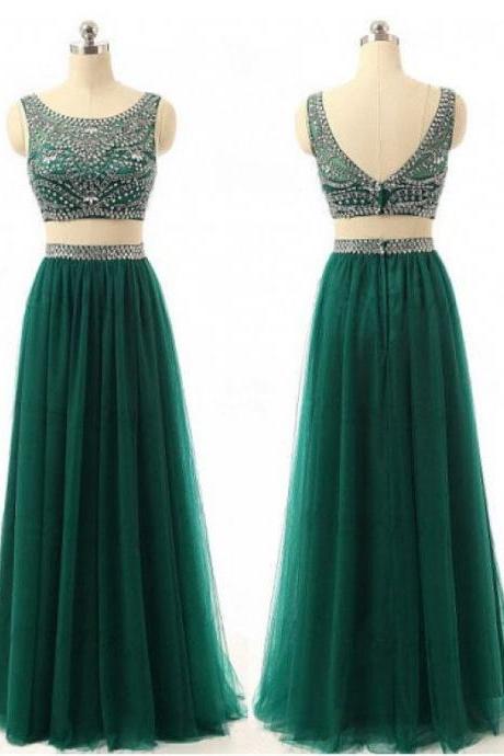 Sexy Evening Gowns Dark Green Two Piece Prom Dress, Formal Gown , Evening Dress With Beaded Crop Top