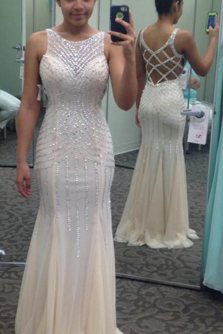Sexy Evening Gowns White Beaded Sleeveless Mermaid Prom Dress, Formal Gown , Evening Dress
