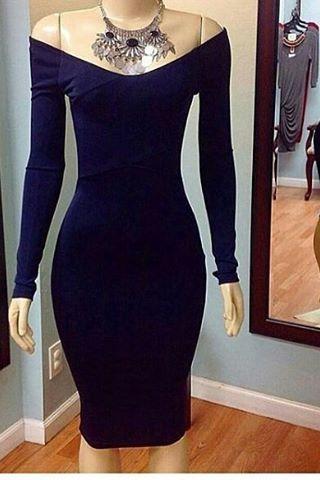 Jersey Fitted Navy Blue Off The Shoulder Long Sleeve Homecoming Dress Prom Gown,cocktail Dress
