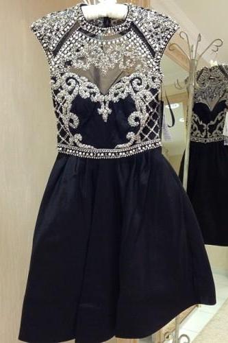 Beaded Black High Neck Open Back Taffeta Homecoming Dress Beautiful Prom Gown,cocktail Dress