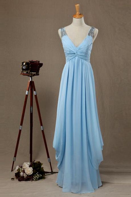 Sexy Evening Gowns Light Blue V Neck Sleeveless Draped Bodice Long Party Dress , Bridesmaid Dress With Straps