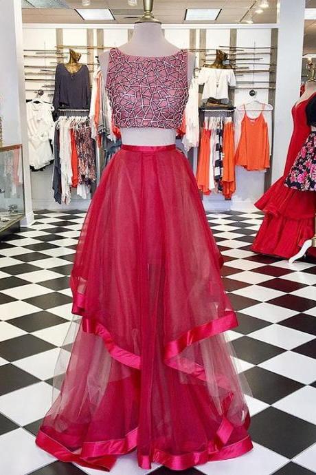Sexy Evening Gowns Red Tulle Two Piece Prom Dress , Formal Gown, Sequined Crop Top