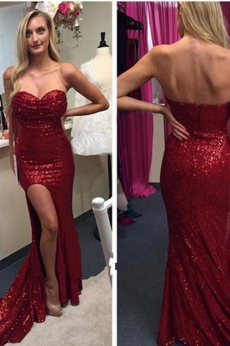 Sweetheart Sequined Wine Red Fitted Formal Gown ,prom Dress With Side Slit Burgundy Evening Gowns