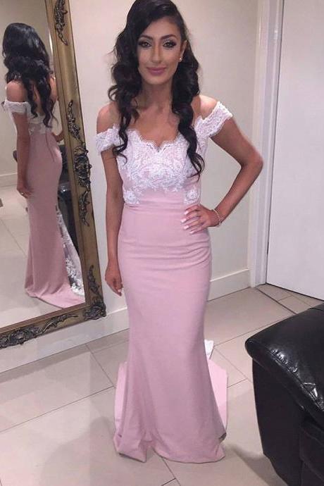 Sexy Evening Gowns Pink Off The Shoulder Fitted Prom Dress, Evening Gown With Lace Bodice