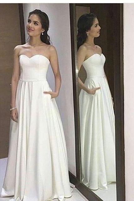 Wedding Dresses,ivory Strapless A Line Prom Dress, Formal Gown, Evening Dress With Pockets