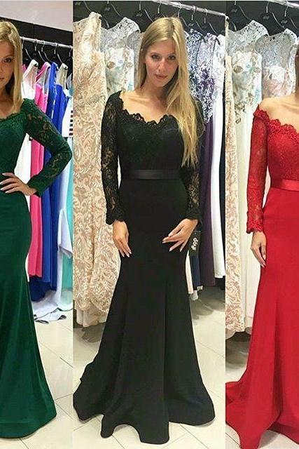 Prom Dresses,dark Green Off The Shoulder Mermaid Prom Gown, Evening Dress Long Sleeve