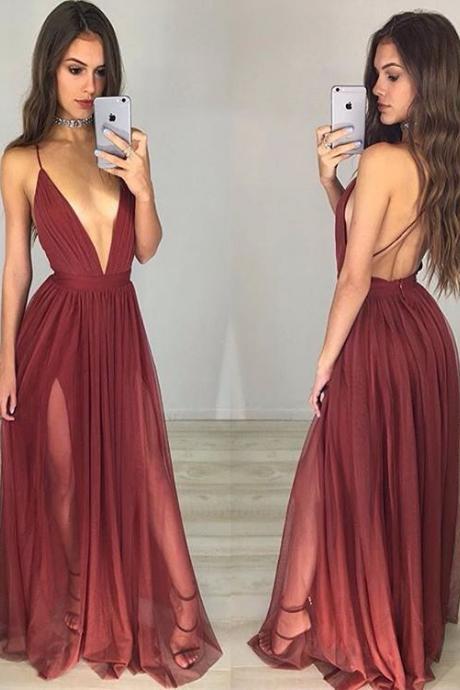 Prom Dresses,prom Dress,wine Red Deep V Neck Backless Long Dress, Evening Gown,prom Dress