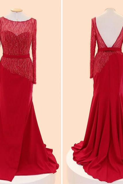 Red Prom Dresses,Charming Prom Dress,Chiffon Prom Dress,Beading Prom Dress,Long-Sleeves Prom Dress,Backless Evening Dress