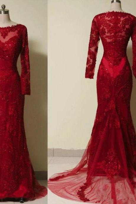 Red Prom Dresses, Wine Red Lace Applique With Tulle Prom Gowns, Red Prom Gowns, Red Prom Dresses, Evening Dresses, Red Formal Dresses