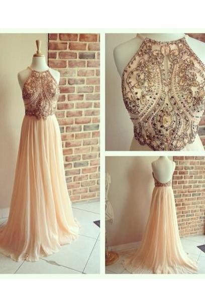 Elegant Pink Prom Dress Beaded Party Gowns Chiffon Homecoming Dress High Halter Evening Dress