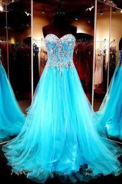 Sexy Prom Dress,stunning Sweetheart Bodice Beaded Blue Tulle Long Prom Dress,a Line Lace Back Up Prom Gown, Handmade Evening Gowns, Formal Women
