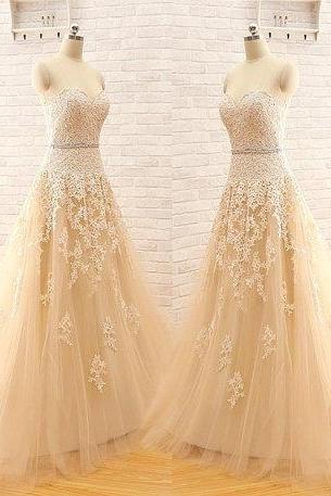 Sexy Prom Dress, A Line Custom Made Sweetheart Strapless Elegant Tulle Lace Light Champagne Wedding Dress