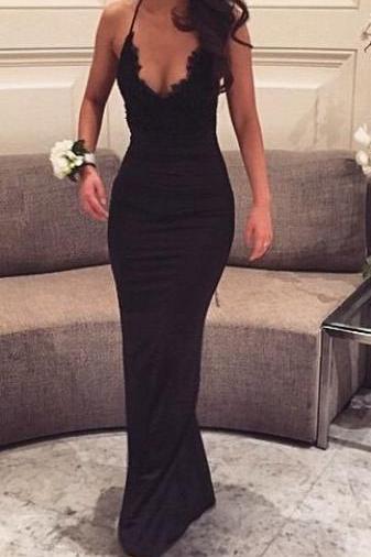 Sexy Black Halter Long Handmade Mermaid Prom Gowns,black Party Gowns, Sexy Evening Dresses Evening Gown For Teens